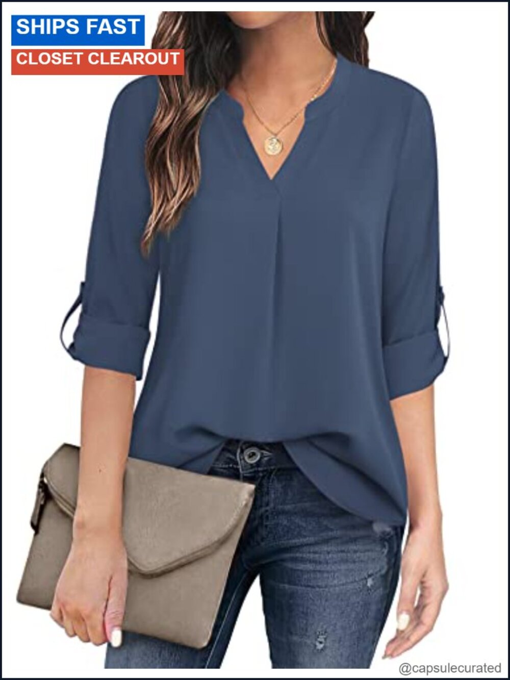 Women's Chiffon V Neck 3/4 Sleeve Blouse Woven Top